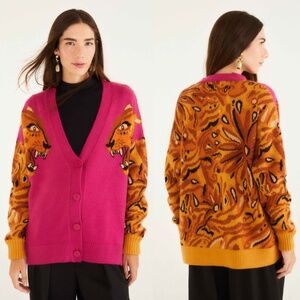 Farm Rio Intarsia Tiger Colorblock Buttoned Knit Cardigan Medium NWT